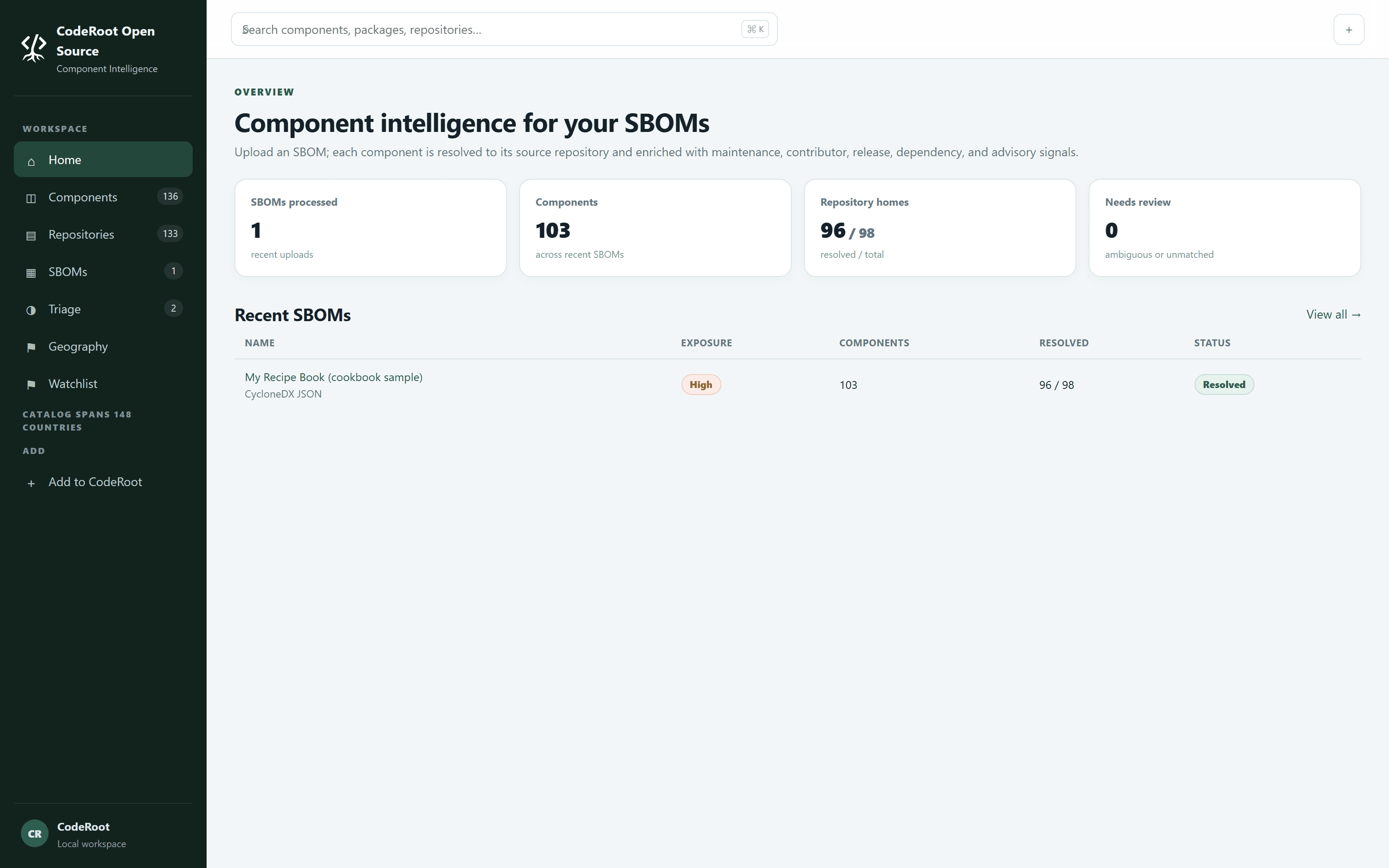 An overview screen showing SBOMs processed, components found, repository homes resolved out of total, and how many need review.