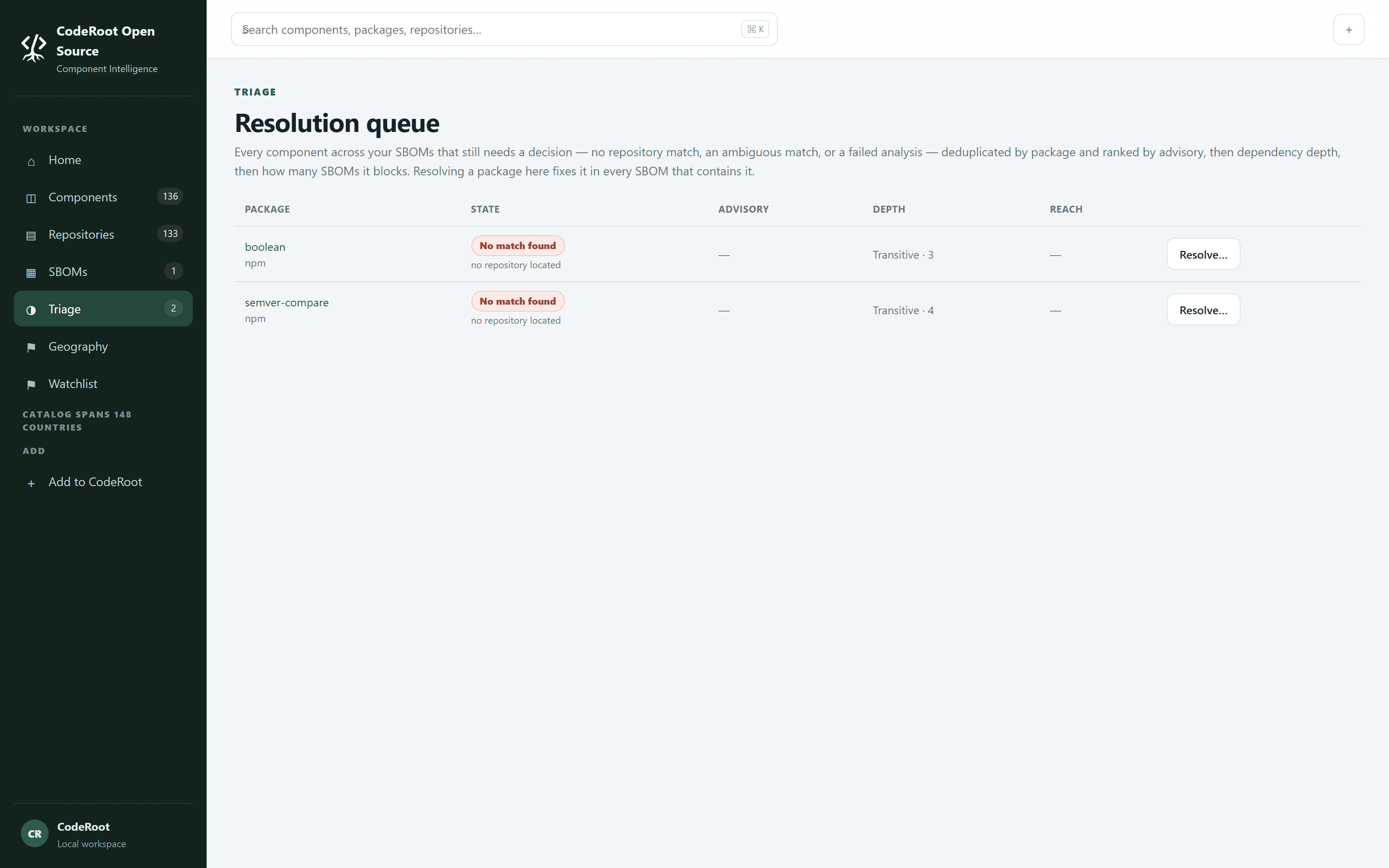 A triage queue listing components whose source repository is ambiguous or unmatched, awaiting a decision.